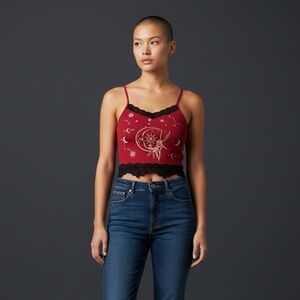 Whimsigoth Celestial Fairy Lace Trim Cami Tank Red Size L